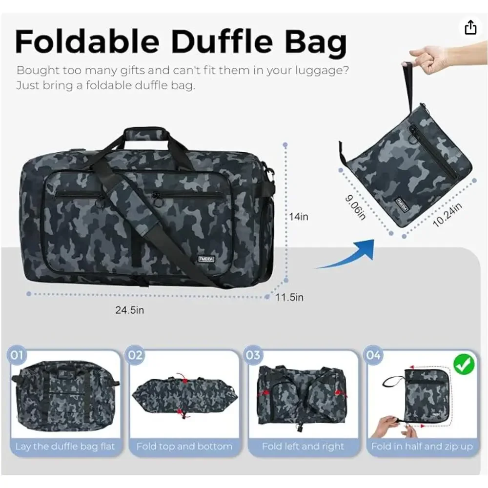 Foldable Travel Duffle Bag with Shoes Compartment, Water Repellent- Black Camo